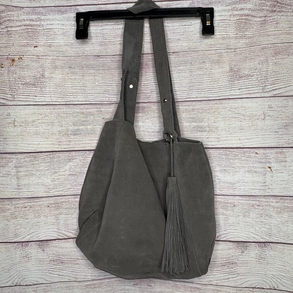Banana Republic Gray Suede Leather Tassel Quiet Luxury Hobo Boho Shoulder Bag